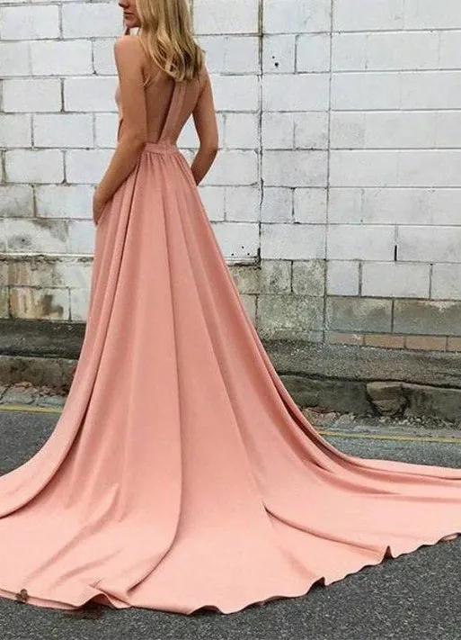 A-Line Court Halter Sleeveless Sheer Back Prom Dresses