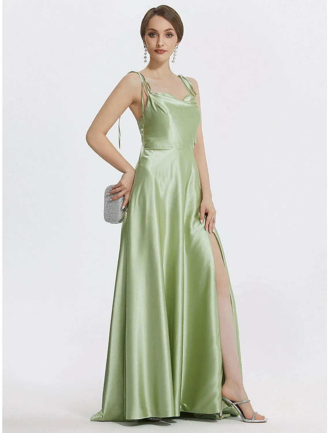 Aimishang  A-Line Evening Gown Elegant Dress Formal Prom Floor Length Sleeveless Spaghetti Strap Satin with Ruched Slit Strappy
