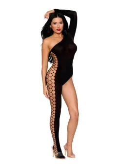 Asymmetrical Semi-Sheer Black Bodystocking with Fence Net Side Detail - One Size