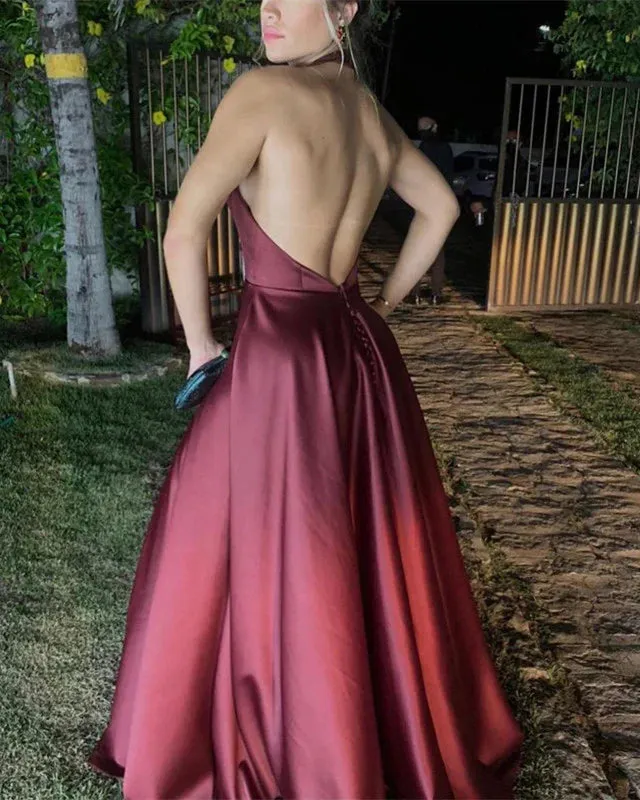 Backless Halter Split Open Sleeveless Satin Prom Dresses