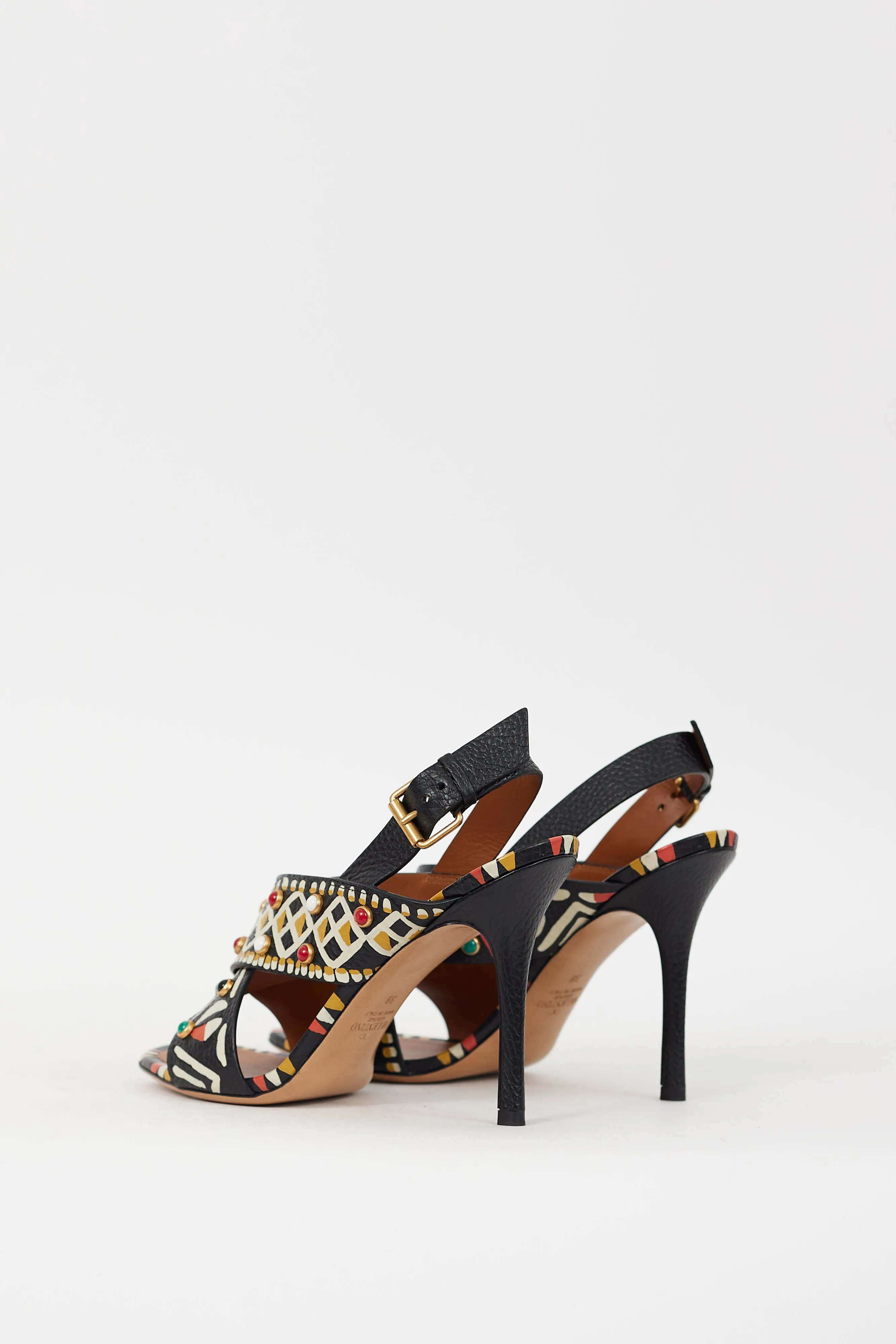 Black & Multicolour Leather Painted & Embellished Heel