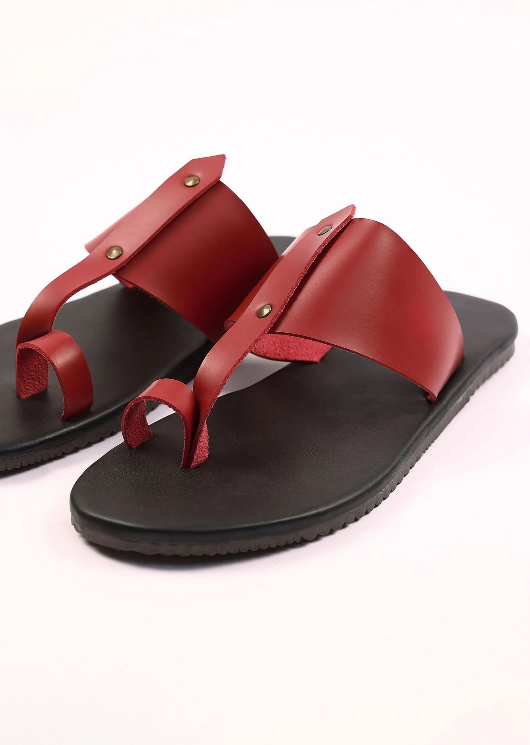 Black And Red Strappy Slides For Men In Leather With Buttons
