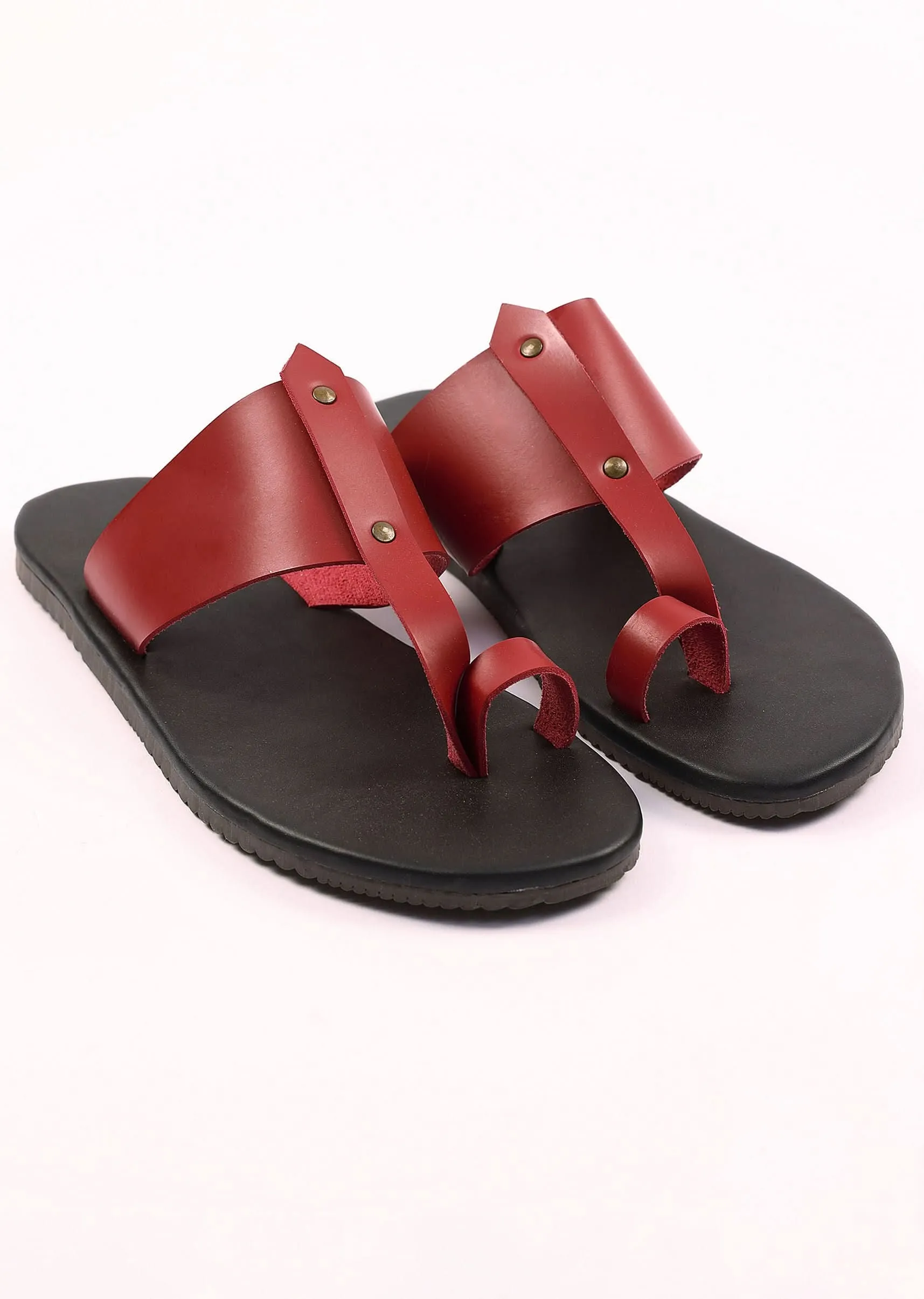 Black And Red Strappy Slides For Men In Leather With Buttons