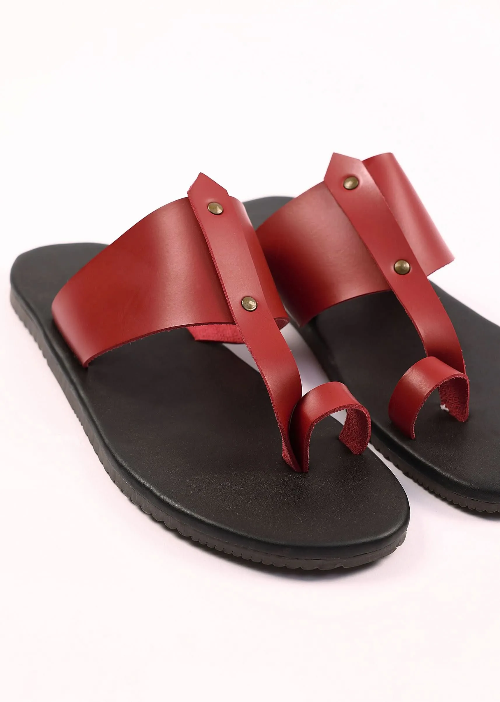 Black And Red Strappy Slides For Men In Leather With Buttons