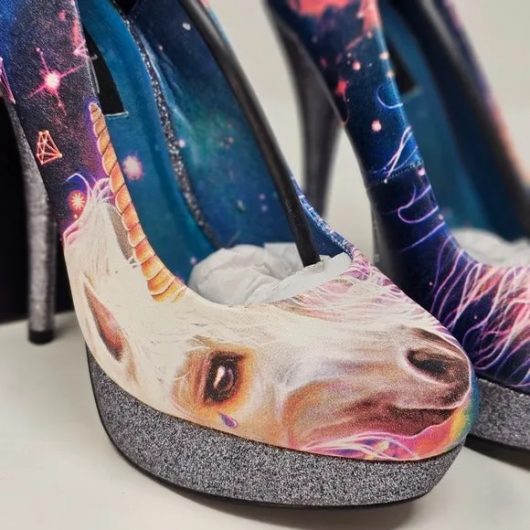 Black Platform Heels | Unicorn Pattern Closed Toe Glitter Heel