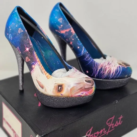 Black Platform Heels | Unicorn Pattern Closed Toe Glitter Heel
