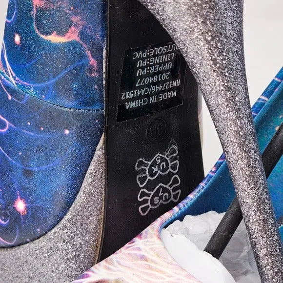 Black Platform Heels | Unicorn Pattern Closed Toe Glitter Heel