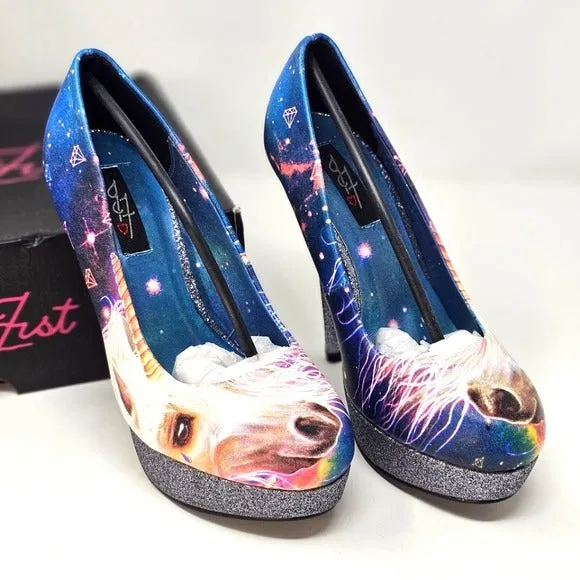 Black Platform Heels | Unicorn Pattern Closed Toe Glitter Heel
