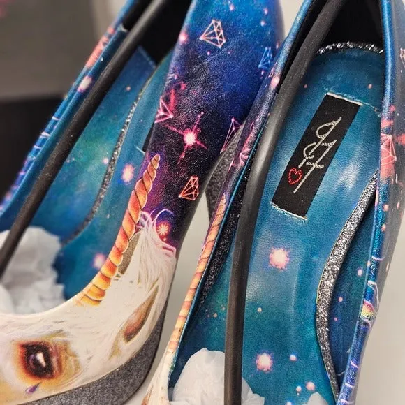 Black Platform Heels | Unicorn Pattern Closed Toe Glitter Heel