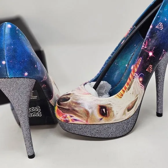 Black Platform Heels | Unicorn Pattern Closed Toe Glitter Heel