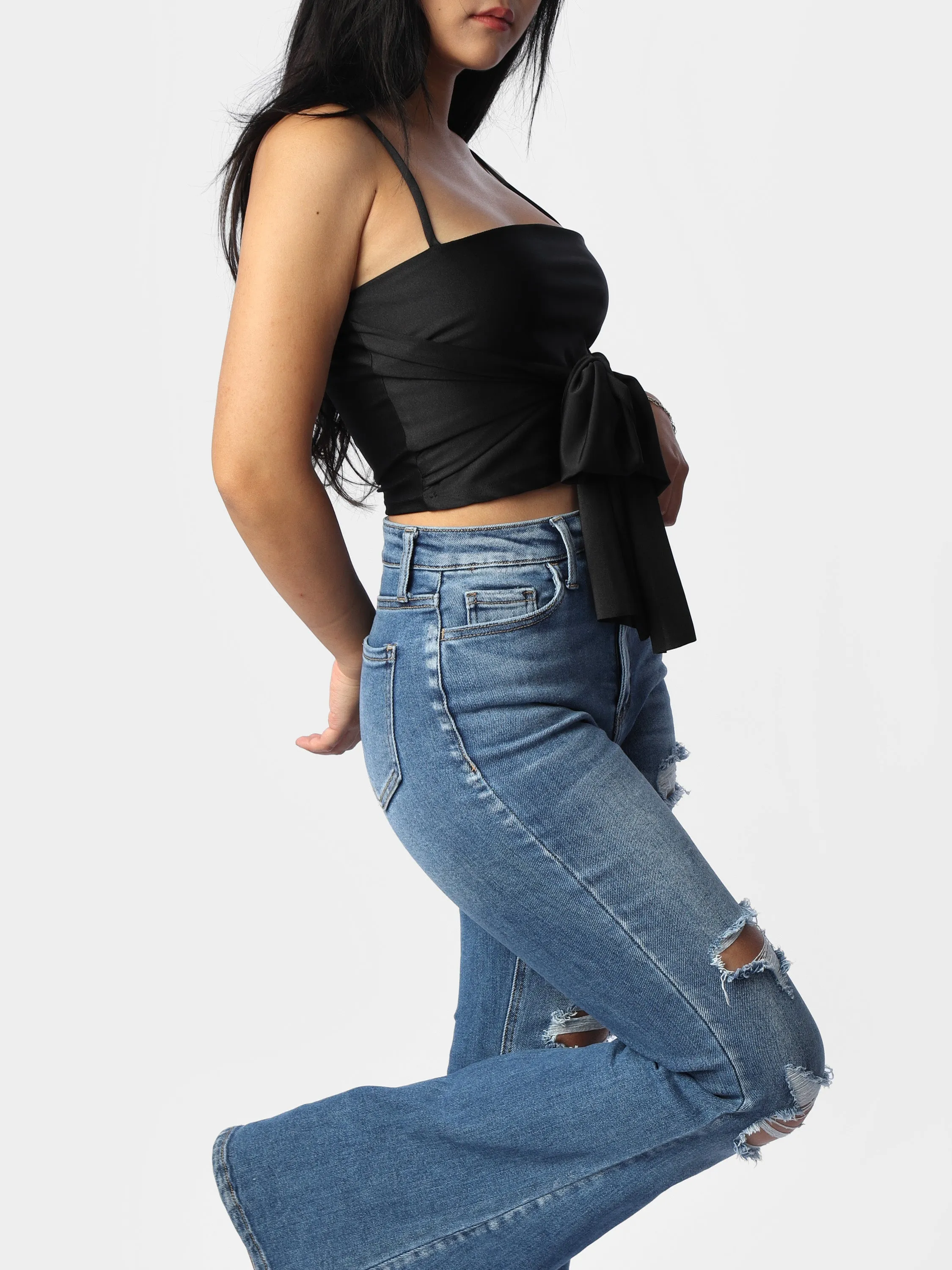 Black Satin Tie Cropped Cami