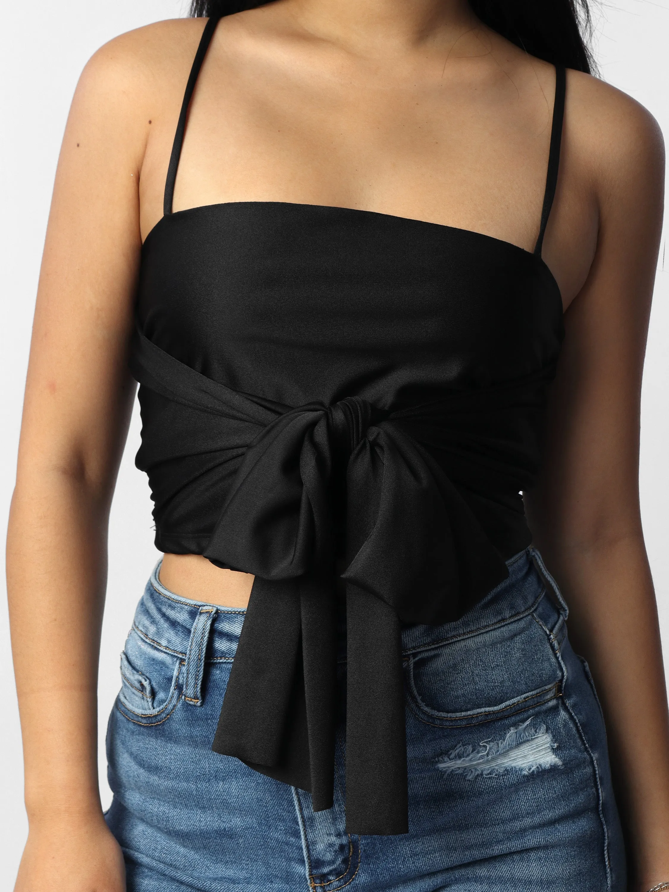 Black Satin Tie Cropped Cami