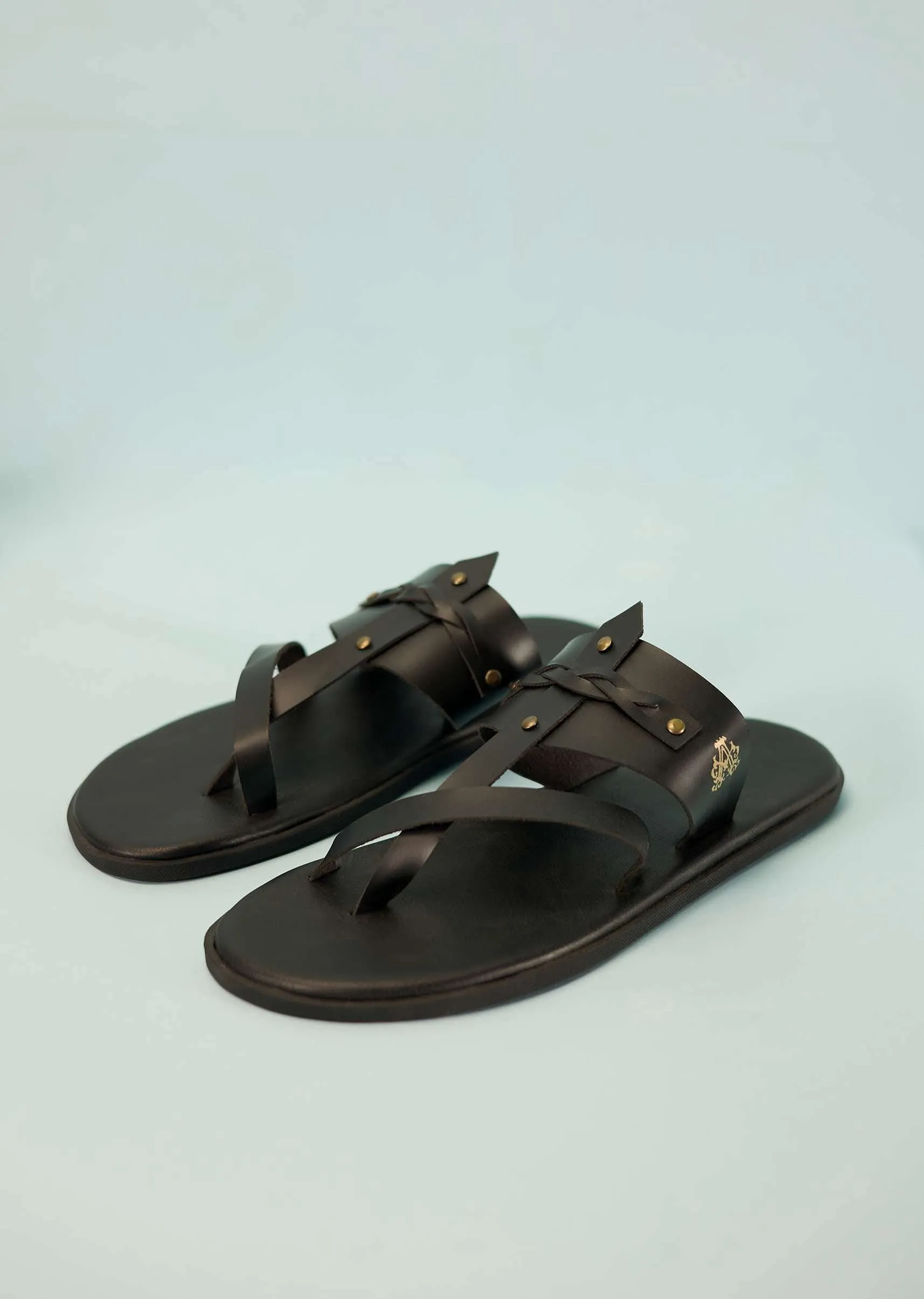 Black Strappy Slides For Men In Leather With Buttons