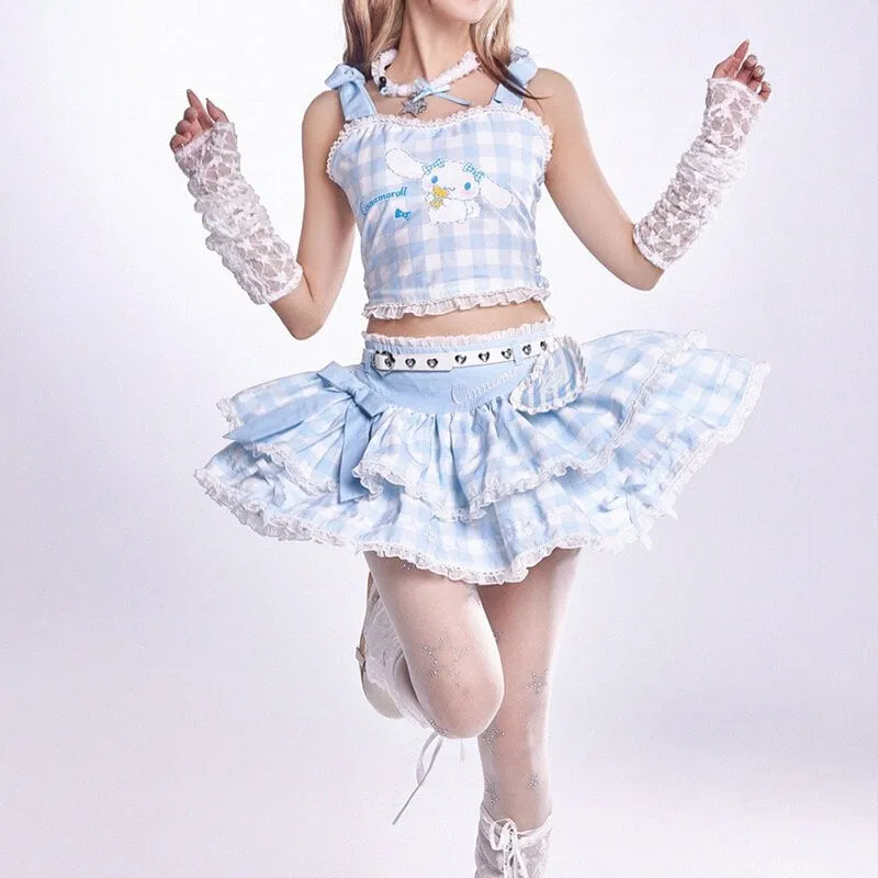 Cinnamoroll Plaid Strappy Crop Top and Mini Cake Skirt
