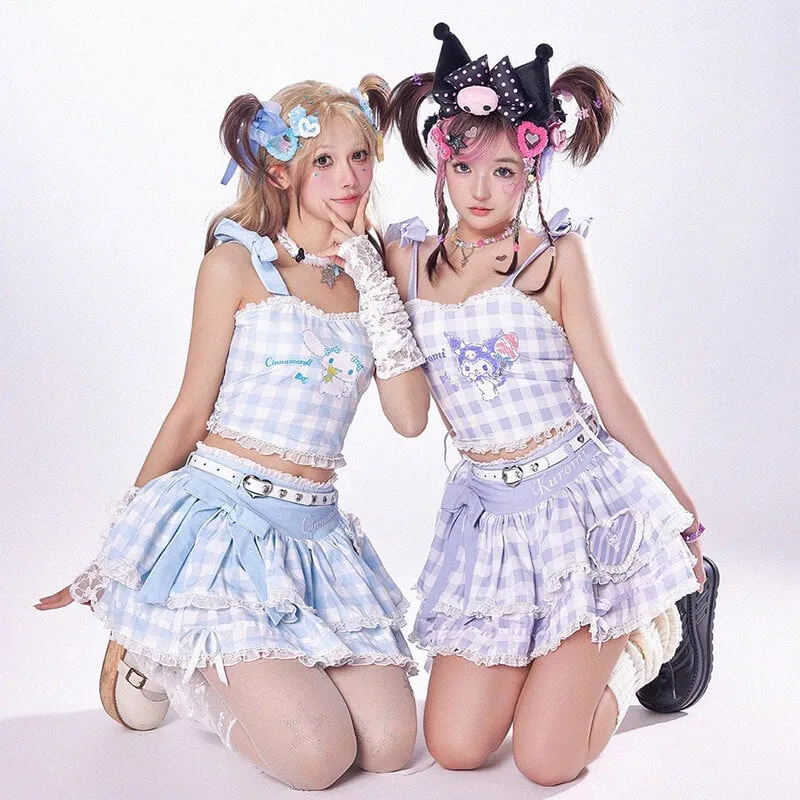 Cinnamoroll Plaid Strappy Crop Top and Mini Cake Skirt