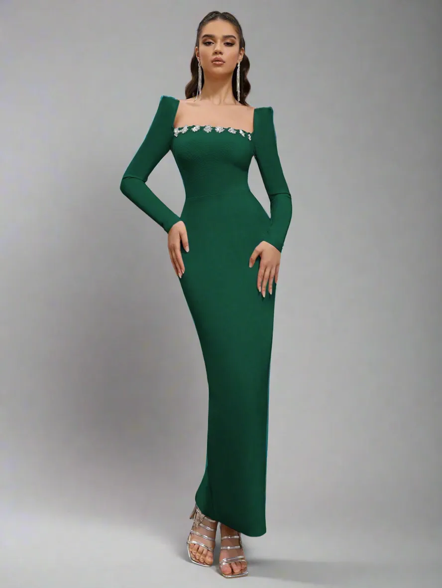 Crystal Embellish  Neck Dress_Green