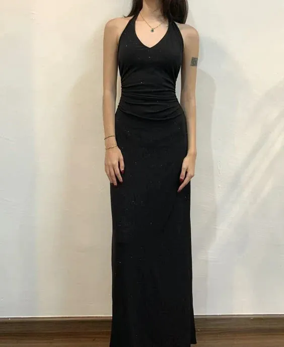 Elegant Formal Women's Dresses Halter Black Long Prom Dress Vintage Evening Dress