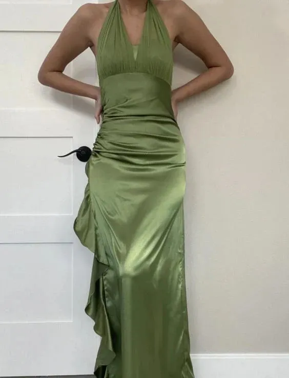Elegant Prom Dresses Halter Green Satin Long Prom Dress Ruffle Formal Party Gown