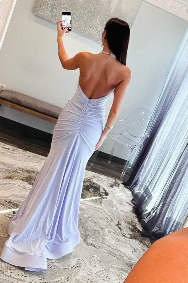 Halter Satin Mermaid Long Prom Dresses with Beading Light Purple Sexy Evening Dress
