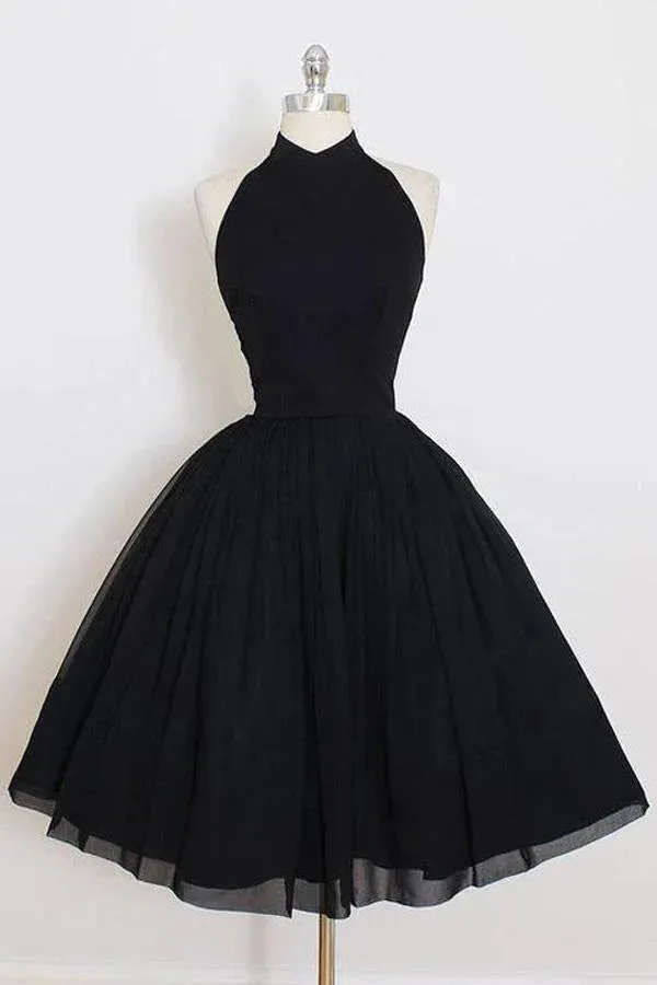 Halter Simple Short Homecoming Dresses A Line Black Party Dress