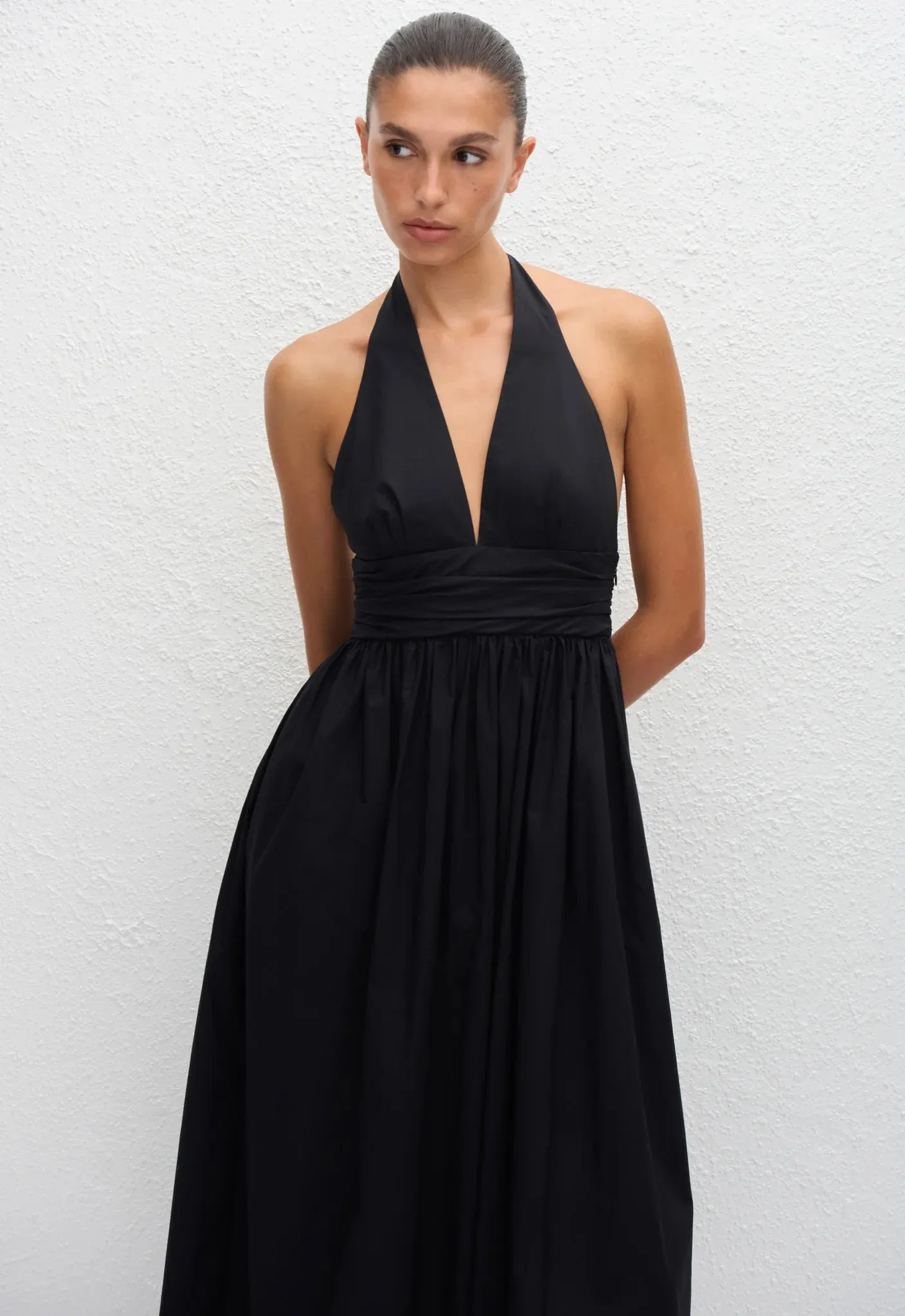 Matteau Plunge Halter Dress in Black