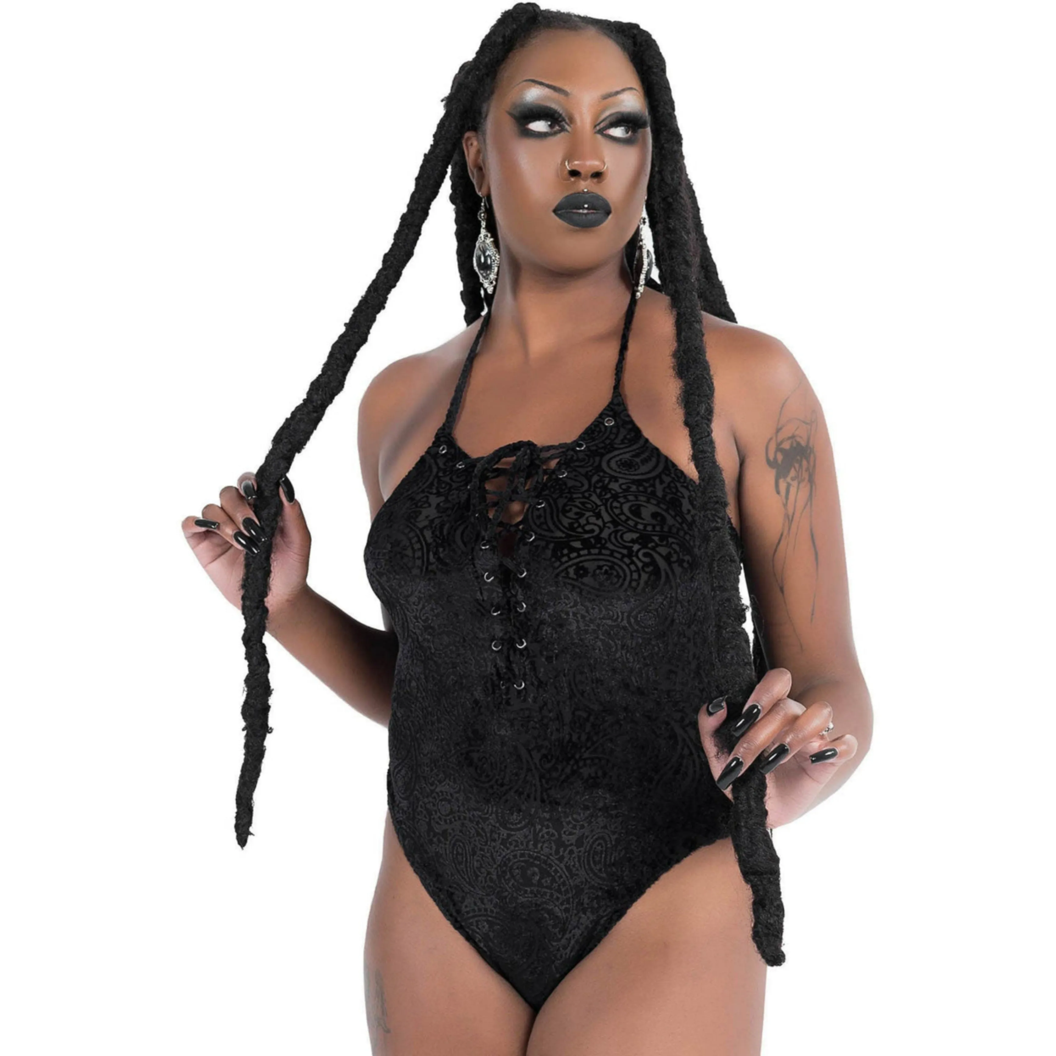 Midnyte Velvet Black Bodysuit | Burnout Velvet Lace-up Front