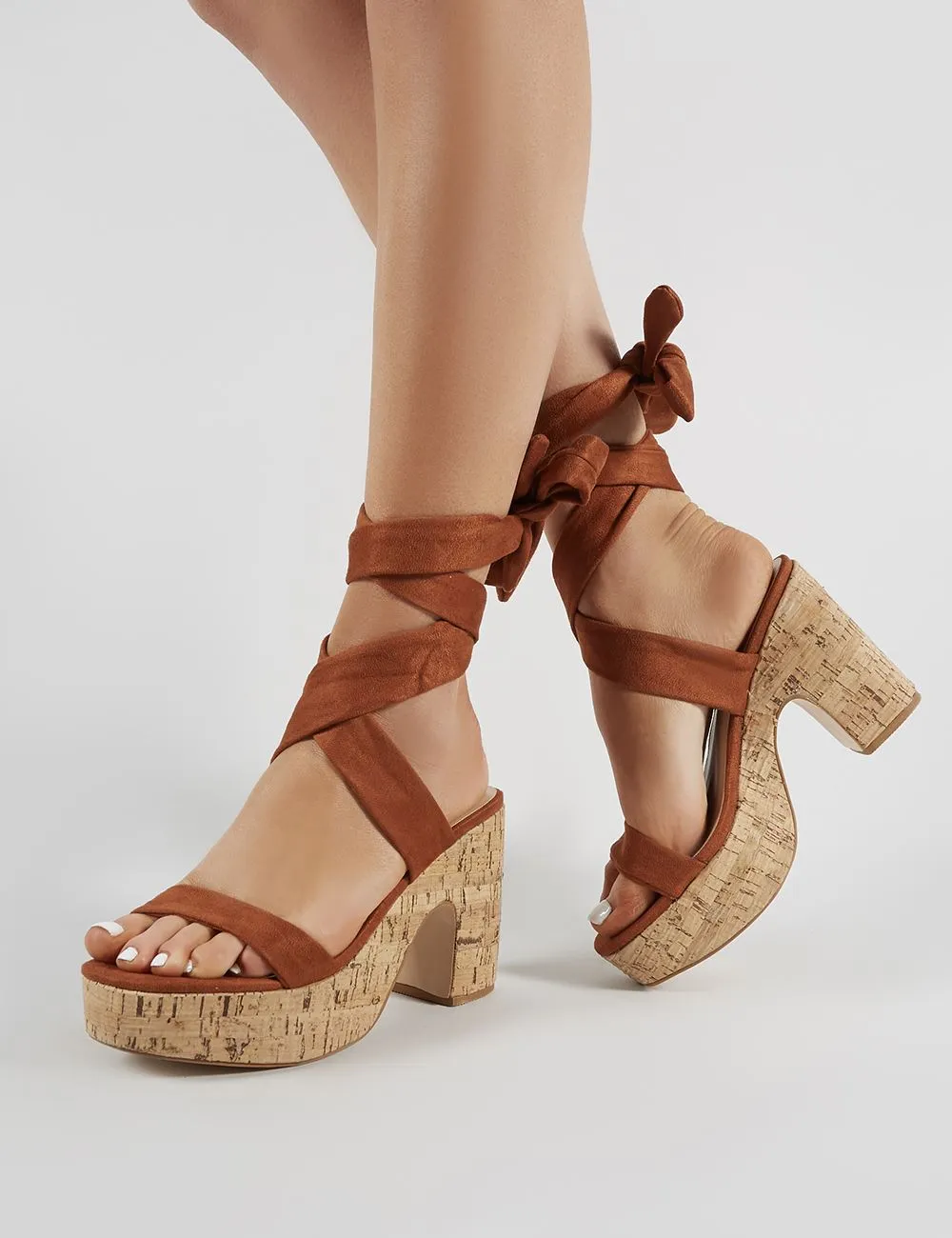 Naive Cork Platform Block Heels in Tan Faux Suede