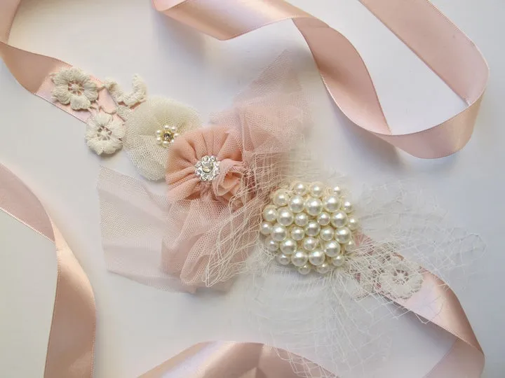 Satin flower sash - tulle flower and satin belt
